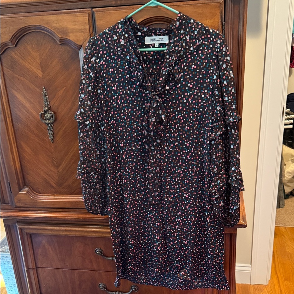 Diane Von Furstenberg Black Long Sleeve Dress with Red and White Dots